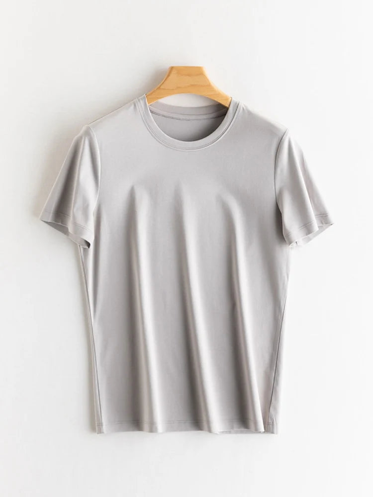 SuyaDream Women Solid T Shirts, Silk Cotton Blend, O Neck, Short Sleeved Solid Tee, 2025 Summer Candy Colors Basic Cozy Top Gree