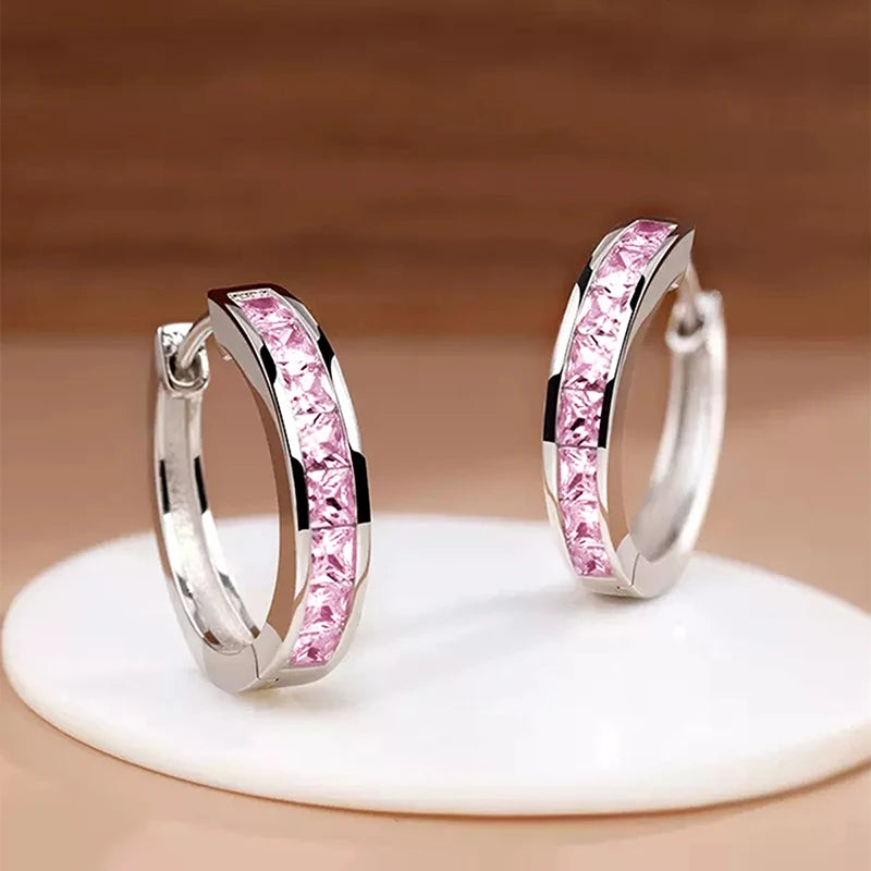 Huitan Hoop Earrings with Princess Cubic Zirconia Exquisite Ear Circle Earrings for Women Silver Color Fashion Versatile Jewelry