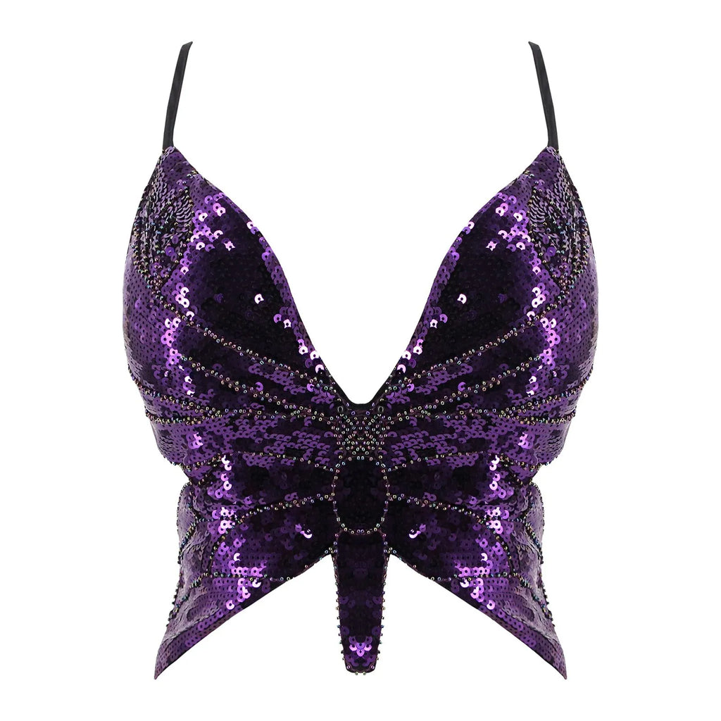 2025 Sparkly Sequin Crop Top Women Clothing Bandage Backless Dance Vest Vintage Party Camisole Tank Tops Clubwear Glitter Outfit