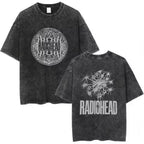 Radiohead Rock Band Washed Cotton T-Shirt – Retro Alternative Rock Graphic Tee, Vintage Distressed Heavyweight Style Unisex Concert Top
