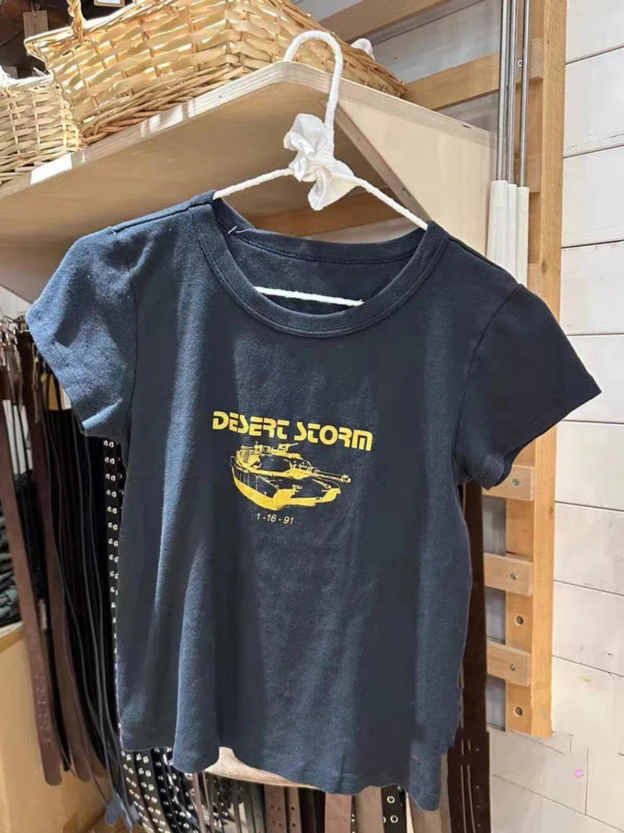 Casual Women Letter Print Slim Crop Top Round Neck Cotton Short Sleeve Summer Casual Vintage Tees Female Streetwear T-shirts New