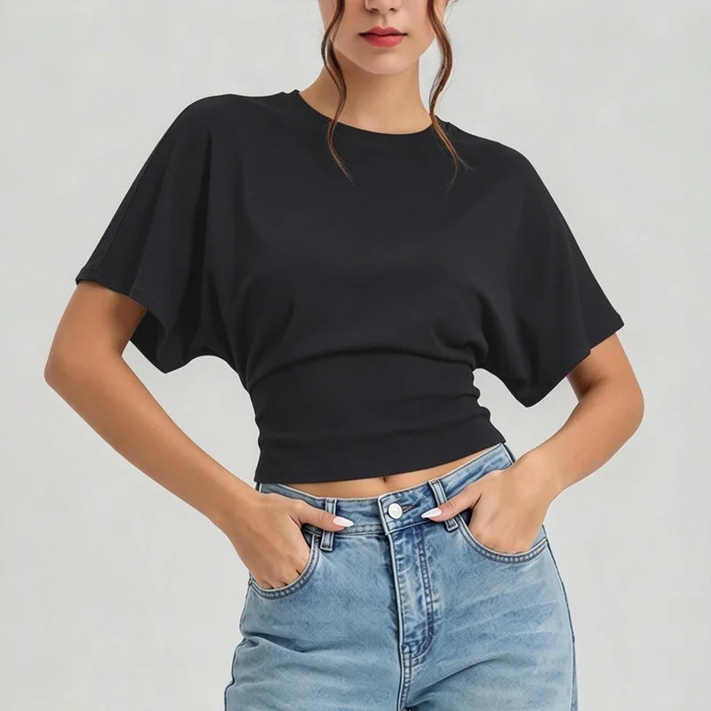 Women Round Neck Batwing Short Sleeve T-shirt Solid Color Slim Waist Casual Daily Basic Tee Stretchy Soft Comfort Knit Lady Tops