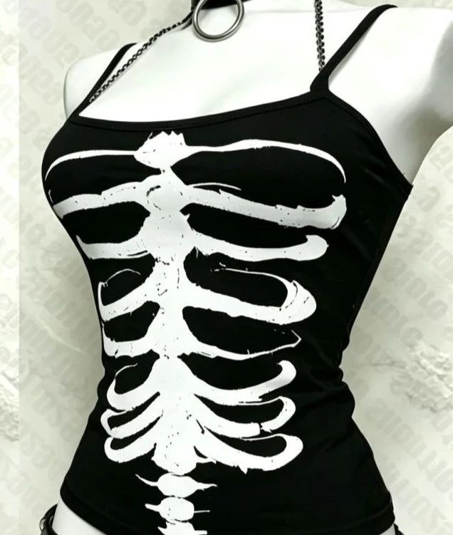 Y2K Gothic Alt Sleeveless Crop Top Vintage Grunge Skeleton Front Back Graphic Slim Women Skeleton Ribcage Spine Cami Tank Tops