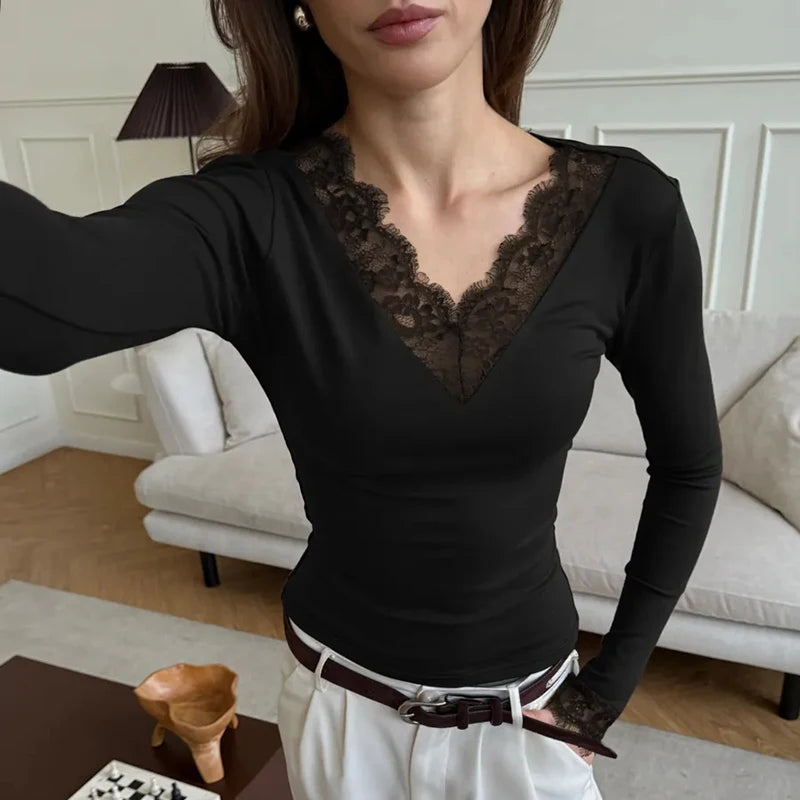 Tornova V neck Lace T shirt Top Women Sexy Navel Exposed Pullover Fashion Splice Hot Girl Club Party Top Autumn New Lady T shirt