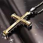 2024 New Male Crystal Cross Jesus Pendant Gold/Black/Blue Color Zirconia Cross Pendant Necklace Stainless Steel Jewelry