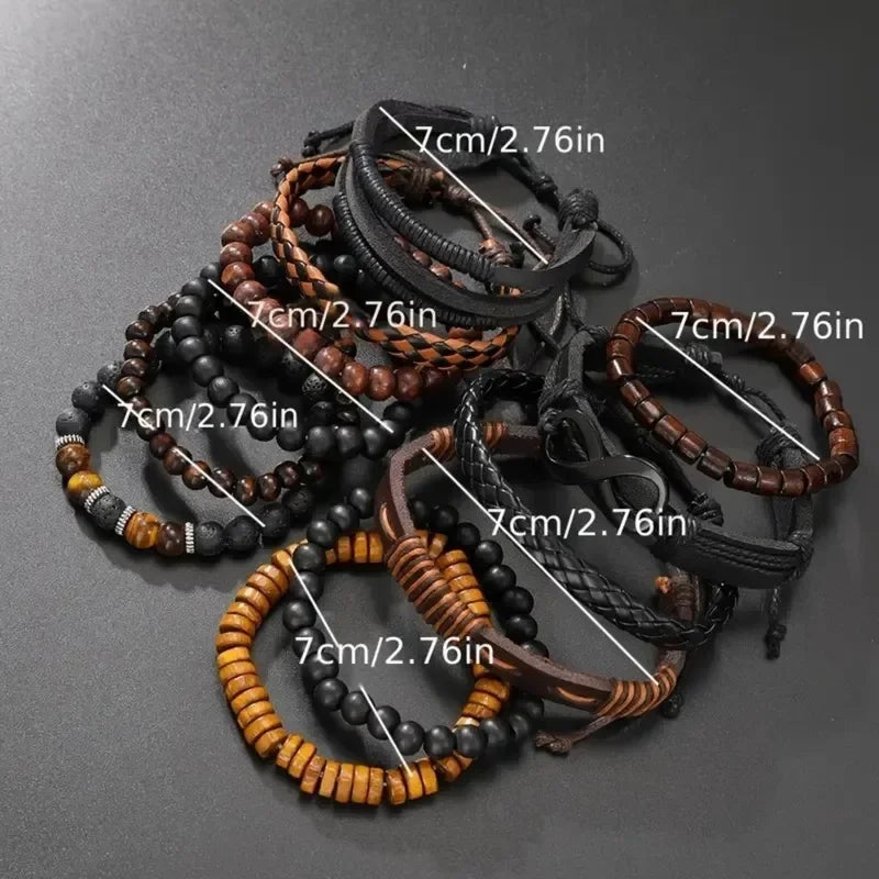 12Pcs Vintage Woven Faux Leather Bracelet Set, Tiger's Eye & Moonstone Beaded Bracelets, Fashion Accessories for Casual Party (B