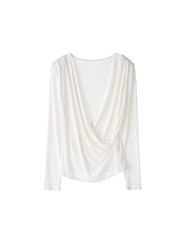 SuyaDream Women's Silk Blend T-Shirt, Wrapped V Neck, Long Sleeved, Ribs Knitted Basic Tee, Monochromatic, 2023 Fall, Winter