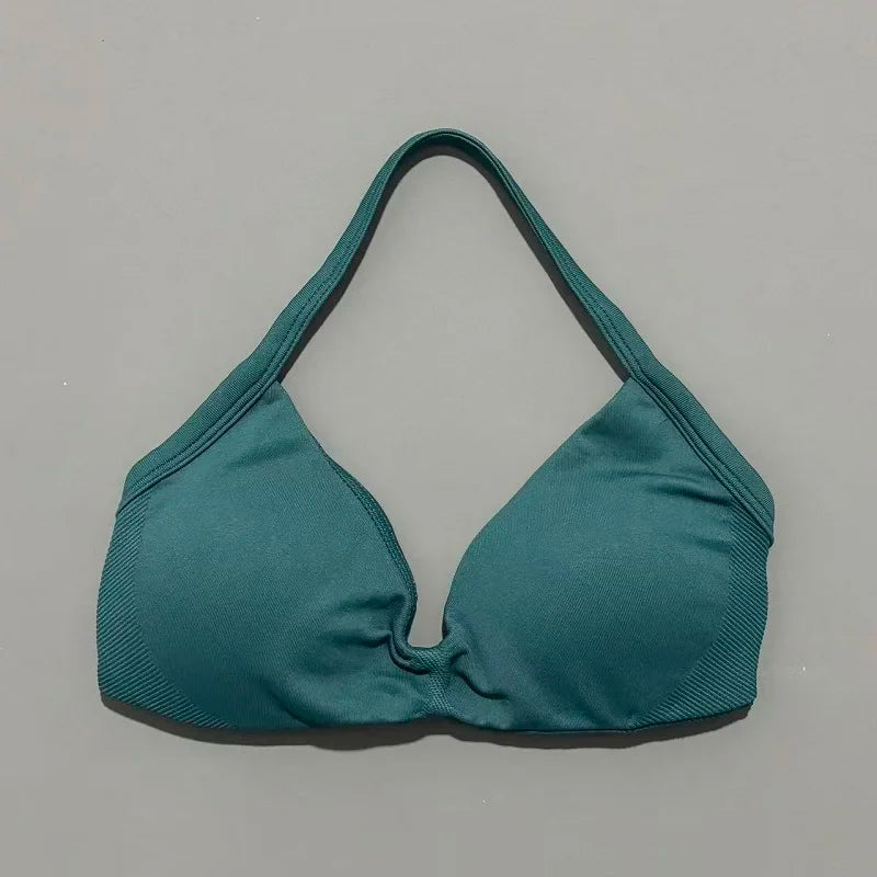 HISTELLO Sports Bra Push Up Strappy Sexy Open Back Gym Crop Top Removable Cups Women Workout Clothing Gym Top Halter Sport Bra