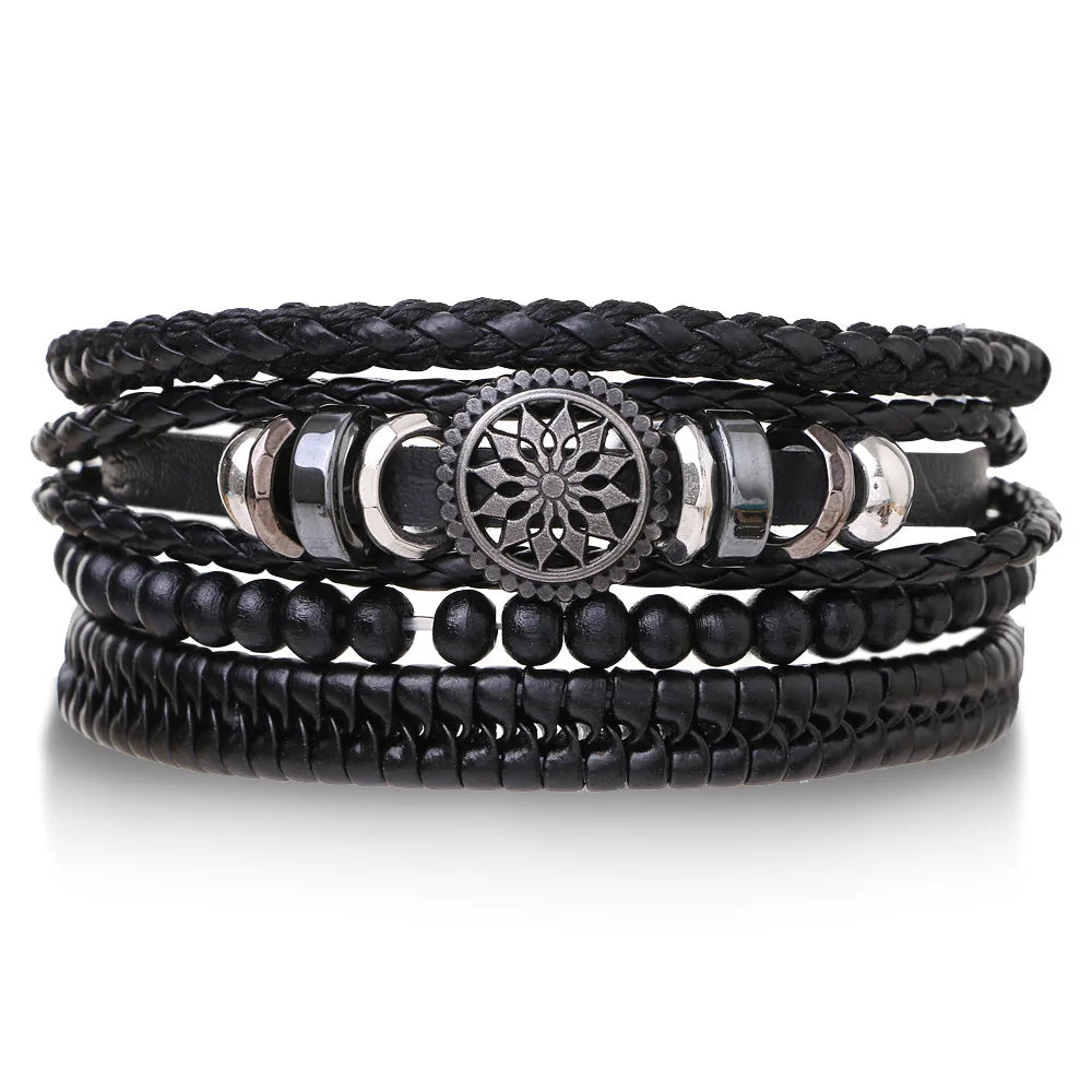 Set Braided Wrap Leather Bracelets for Men Vintage Life Tree Rudder Charm Wood Beads Ethnic Tribal Wristband Rope Bracelet