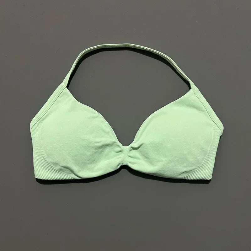 HISTELLO Sports Bra Push Up Strappy Sexy Open Back Gym Crop Top Removable Cups Women Workout Clothing Gym Top Halter Sport Bra