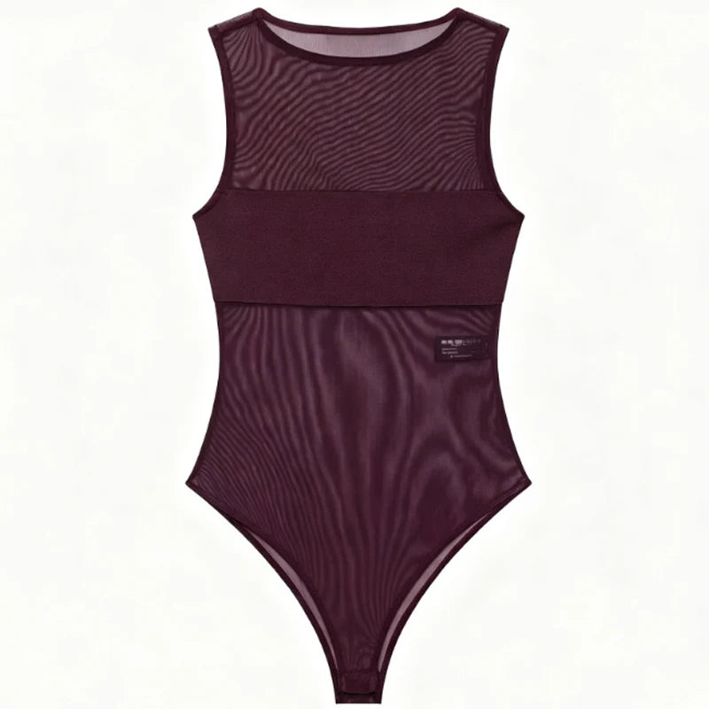 HXAO Sexy Transparent Tulle Bodysuit Women Summer 2026 Chic Black Corset Bodys Woman Bodycon Sleeveless Thong Bodysuit Mesh Tops