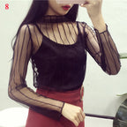 2026  Autumn Hollow Out Mesh T-Shirt Daisy Flower Pattern Crop Top sexy Transparent Long Sleeves Basic Tops For Women Lace Tops