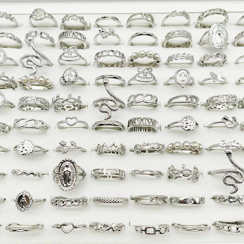 30pcs/Lot Mix Style Pearl Silver Color Finger Rings Animal Snake Chain Hollow Leaf Party Jewelry Girl Love Butterfly Flower Gift