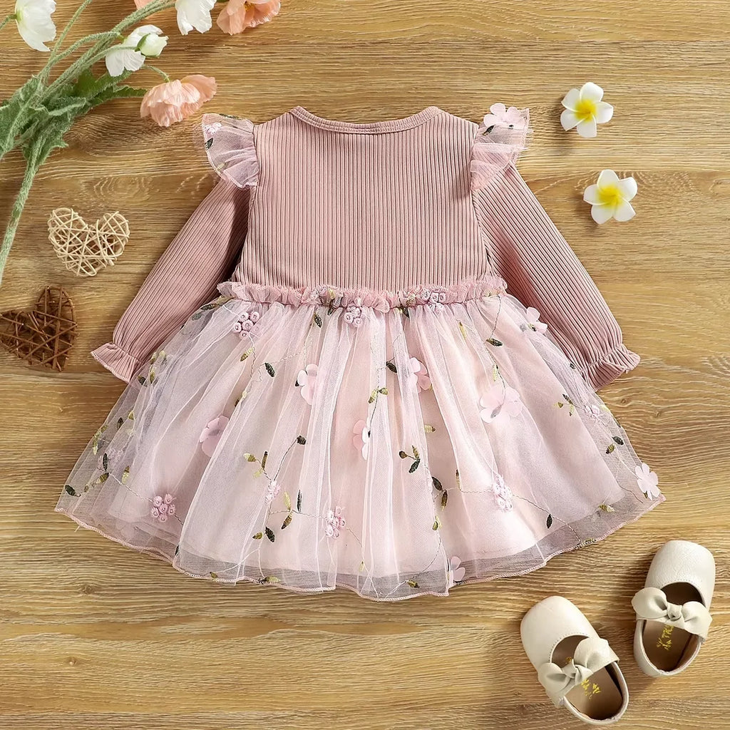Baby Girl Pink Ribbed Long-Sleeve Bowknot Floral Embroidered Mesh Dress Perfect For Outings And Daily Wear
