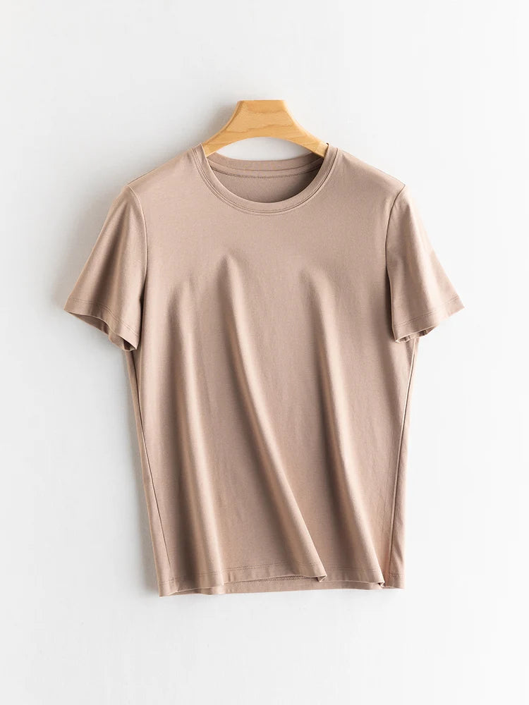 SuyaDream Women Solid T Shirts, Silk Cotton Blend, O Neck, Short Sleeved Solid Tee, 2025 Summer Candy Colors Basic Cozy Top Gree