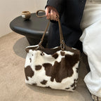 Large Capacity Shopper Bags For Women Winter Travel Tote Bag Cow Printing Plush Shoulder Bag Ladies Handbag Designer Bolsos