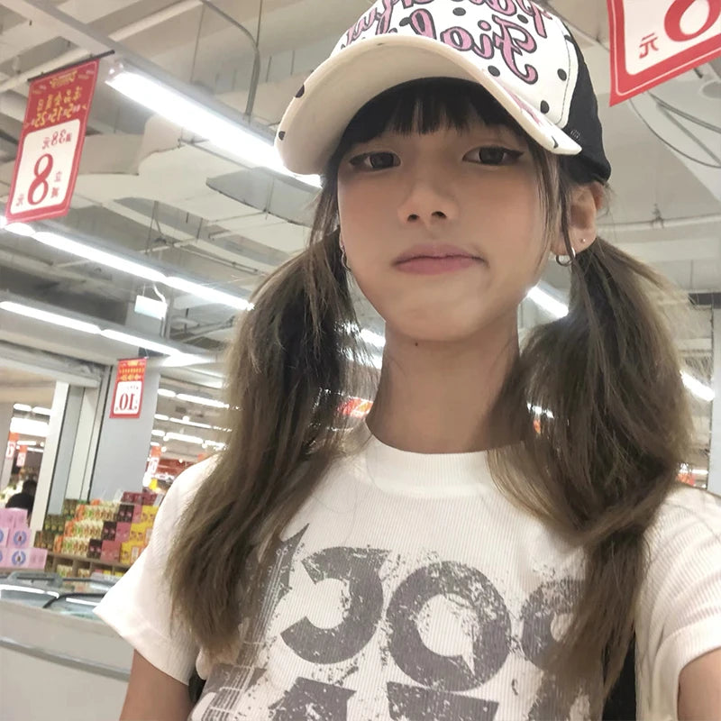 Karrram Japanese Y2k Letter Print T-shirt 2000s Style Short Sleeve Crop Top Vintage Harajuku Ribbed Tee Shirt American Retro 90s