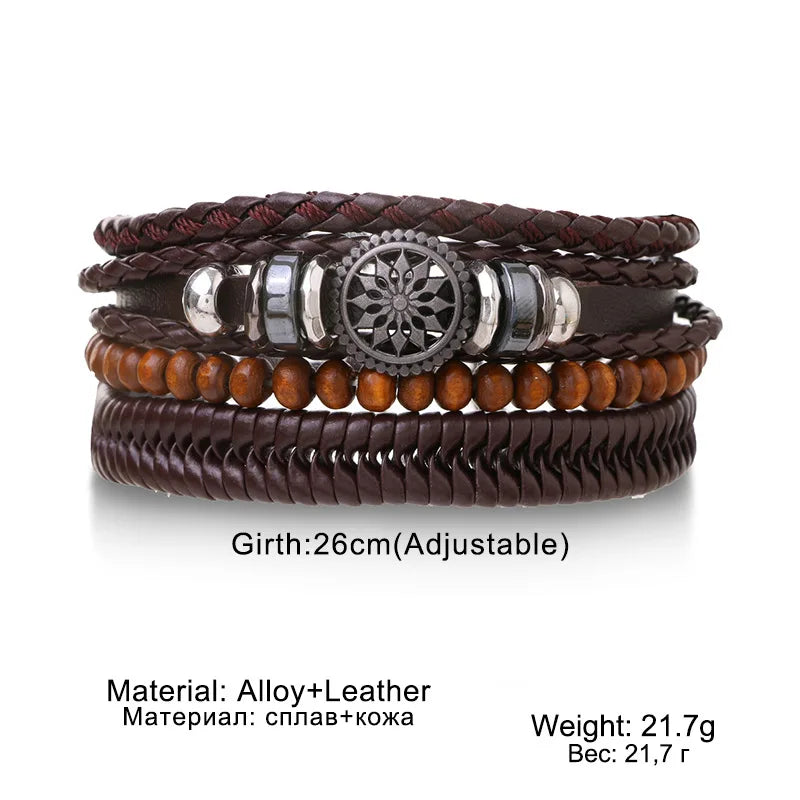 Set Braided Wrap Leather Bracelets for Men Vintage Life Tree Rudder Charm Wood Beads Ethnic Tribal Wristband Rope Bracelet