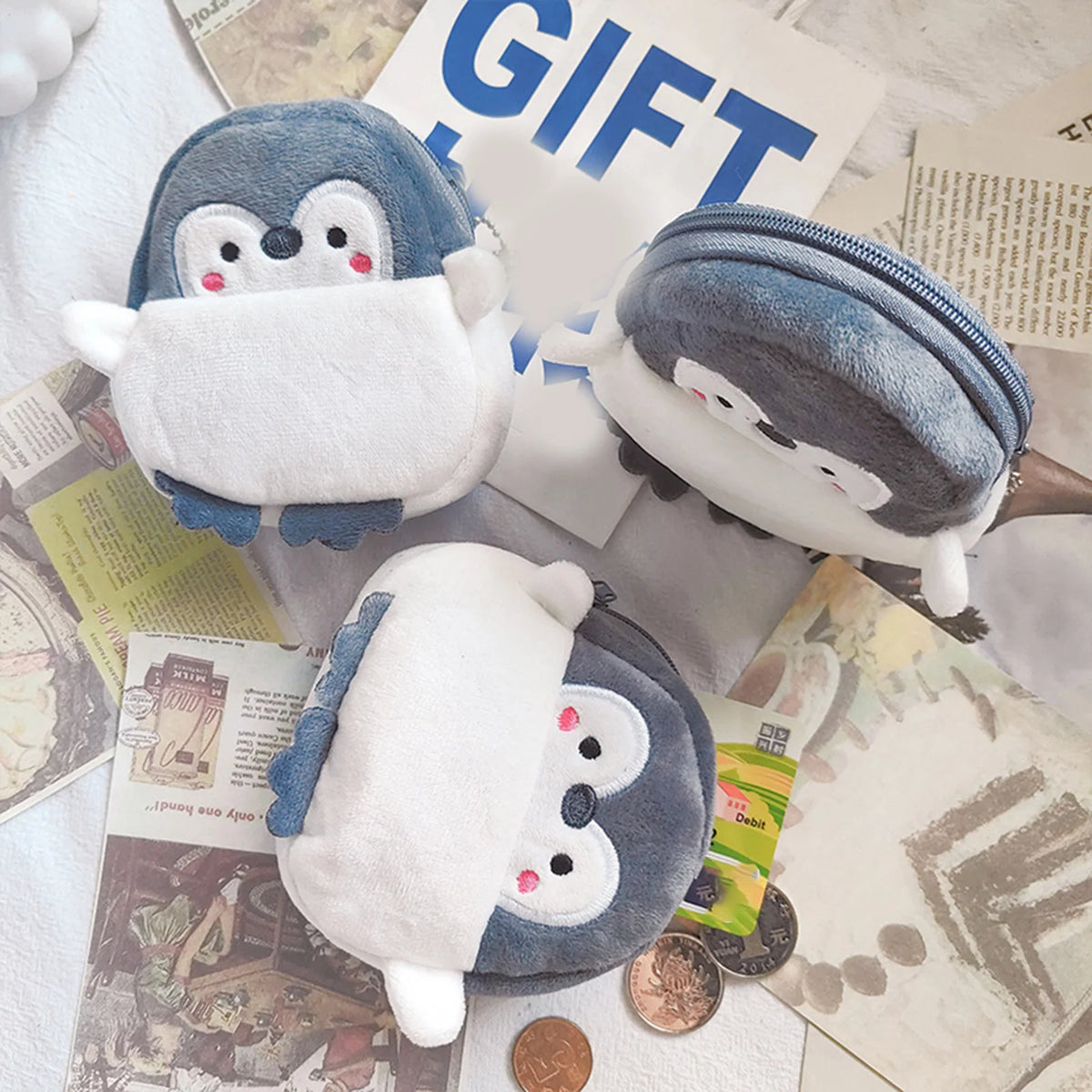 Women's Coin Purse Mini Pouch Cute Plush Little Penguin Zipper Change Purse for Keychain Lipsticks Money