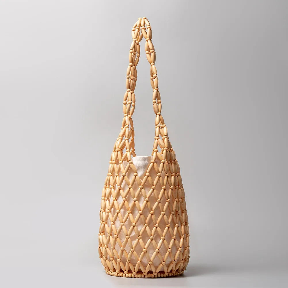 Women Woven Hand Bag Exquisite Design Hollow-out Wooden Bead Tote Bucket Shoulder Bag Female Handmade Beaded Handbag