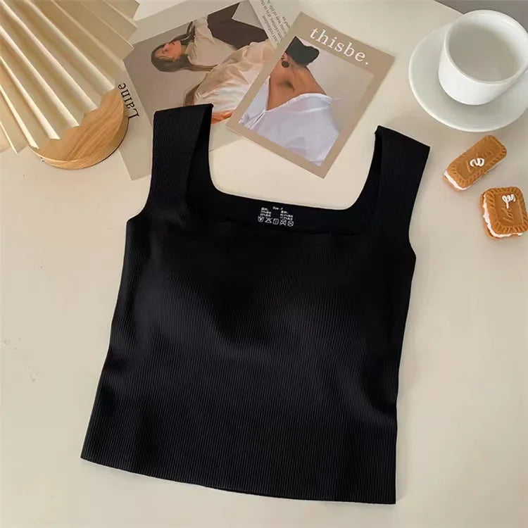 New Wide Shoulder Camisole Square Neck Beautiful Back Threaded Vest Women's Seamless One-piece Fixed Cup Casual Solid Tops