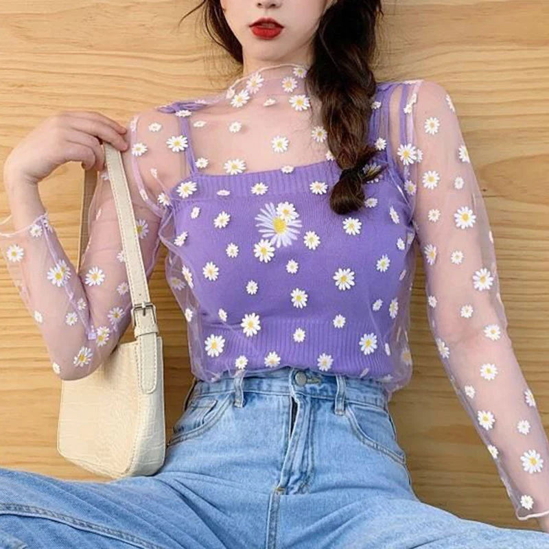 2026  Autumn Hollow Out Mesh T-Shirt Daisy Flower Pattern Crop Top sexy Transparent Long Sleeves Basic Tops For Women Lace Tops