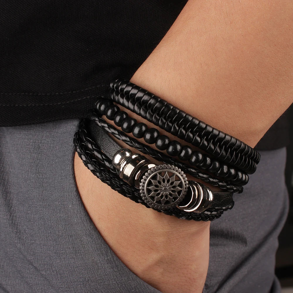 Set Braided Wrap Leather Bracelets for Men Vintage Life Tree Rudder Charm Wood Beads Ethnic Tribal Wristband Rope Bracelet