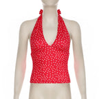 SUCHCUTE Fashion Beach Plaid/Heart Printed Halter Neck Tank Tops Women Sweet Sleeveless V-Neck Vest Y2k Slim Crop Tops Coquette