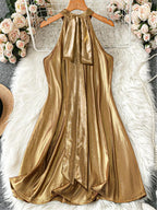 Women Metallic Gold Halter Mini Dress Sleeveless Shiny Liquid Fabric A Line Short Dresses 2026 Summer Elegant Cocktail Club Party Vacation Vestidos
