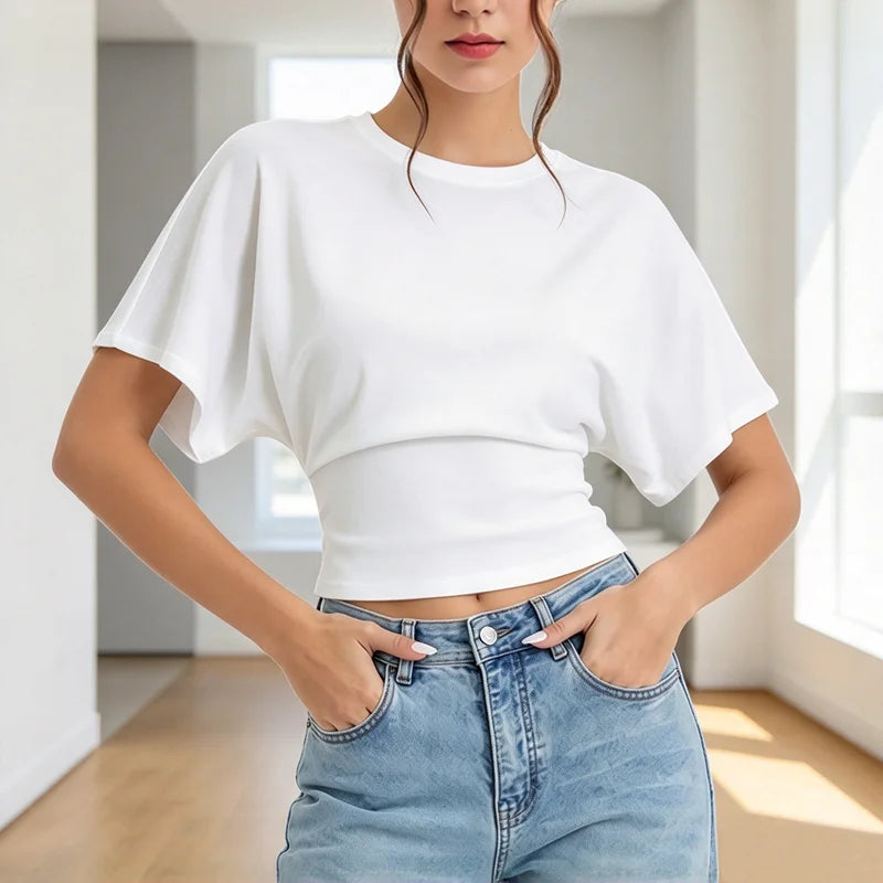 Women Round Neck Batwing Short Sleeve T-shirt Solid Color Slim Waist Casual Daily Basic Tee Stretchy Soft Comfort Knit Lady Tops