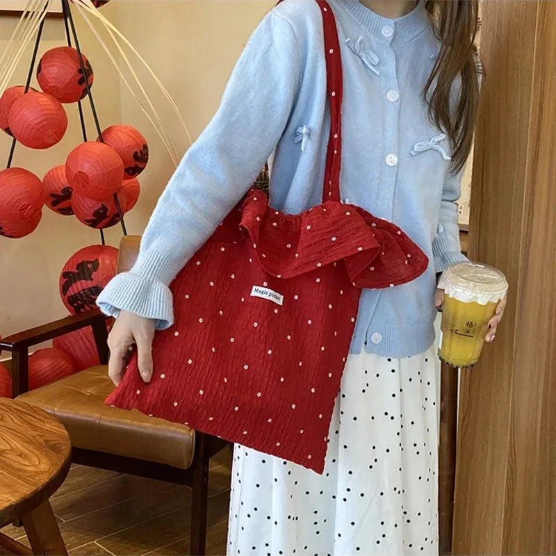 All-match Wave Point Chiffon Shoulder Bag Large Capacity Fairy Mesh Handbag Commuting Bag Korean Style Tote Bag Women