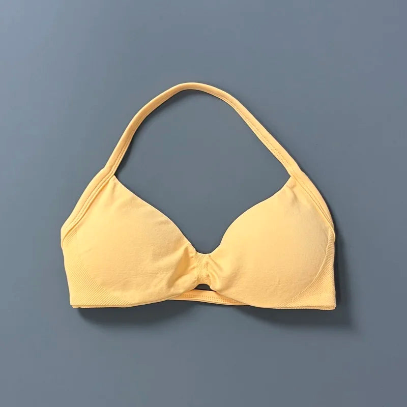 HISTELLO Sports Bra Push Up Strappy Sexy Open Back Gym Crop Top Removable Cups Women Workout Clothing Gym Top Halter Sport Bra