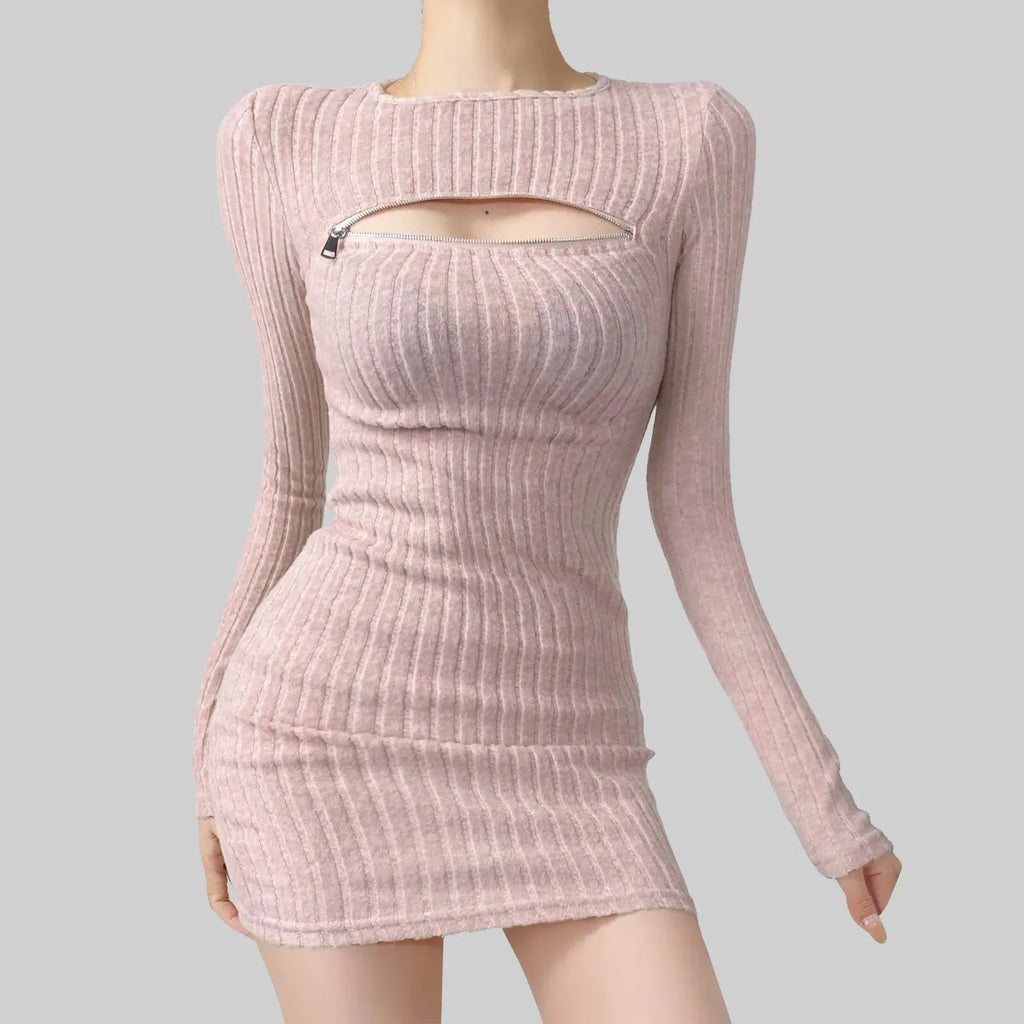 Women Bodycon Sweater Dress Y2k Korean Sexy Hollow Out Zip Up Short Dress Harajuku Female Ruched Long Sleeve Casual Vestidos