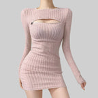 Women Bodycon Sweater Dress Y2k Korean Sexy Hollow Out Zip Up Short Dress Harajuku Female Ruched Long Sleeve Casual Vestidos