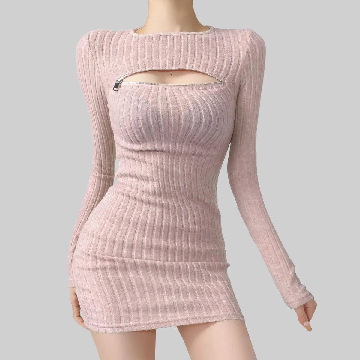 Women Bodycon Sweater Dress Y2k Korean Sexy Hollow Out Zip Up Short Dress Harajuku Female Ruched Long Sleeve Casual Vestidos