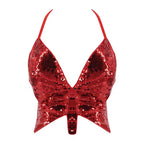 2025 Sparkly Sequin Crop Top Women Clothing Bandage Backless Dance Vest Vintage Party Camisole Tank Tops Clubwear Glitter Outfit