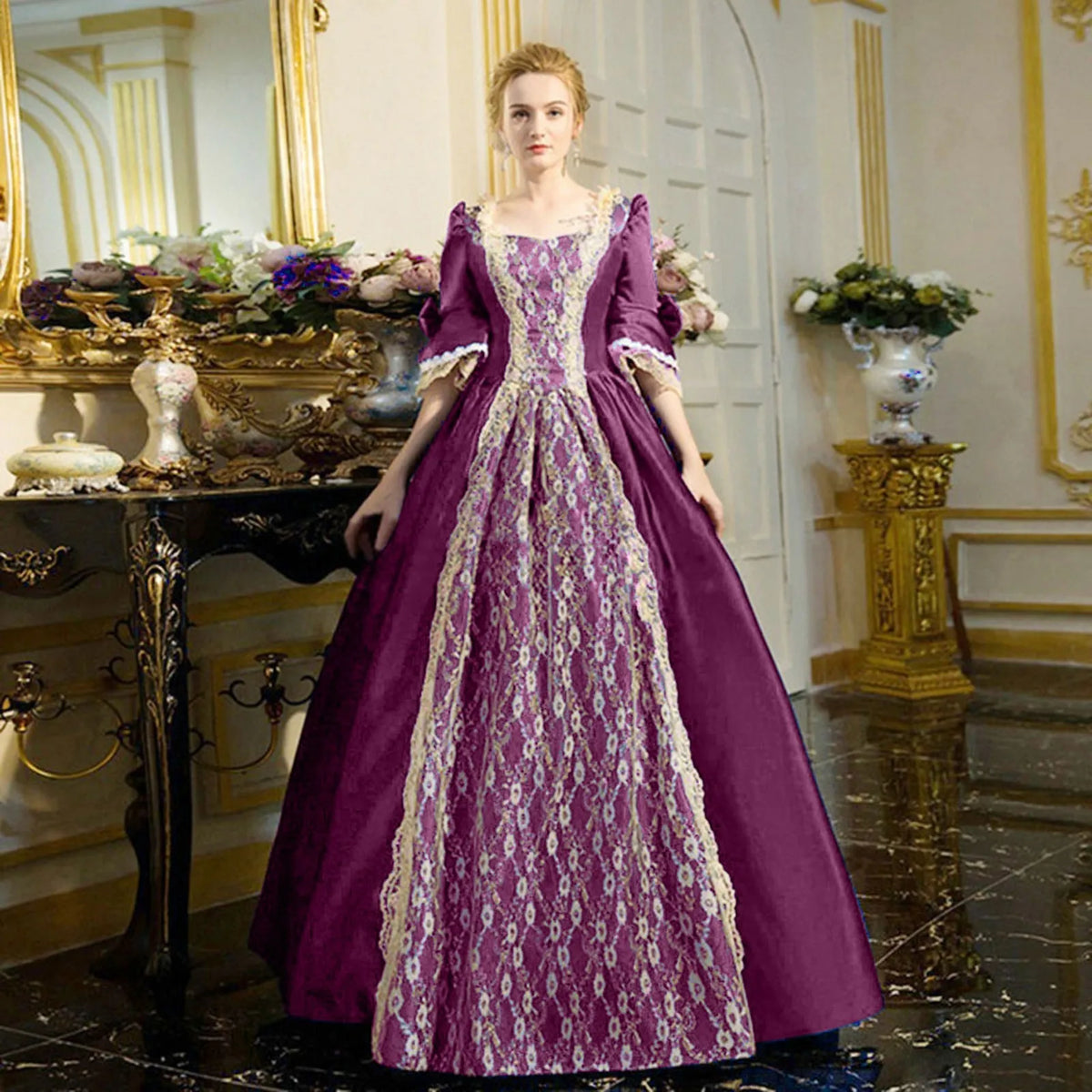 18th Century Medieval Dress Women High Waist Half Sleeve Ball Gown Princess Lace Patchwork Satin Dress Queen Renaissance Costume