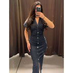 New Long Dresses 2025 Woman Fashion Summer V-neck Single Breasted Slim Fit Denim Skirts Women's Clothing Tops