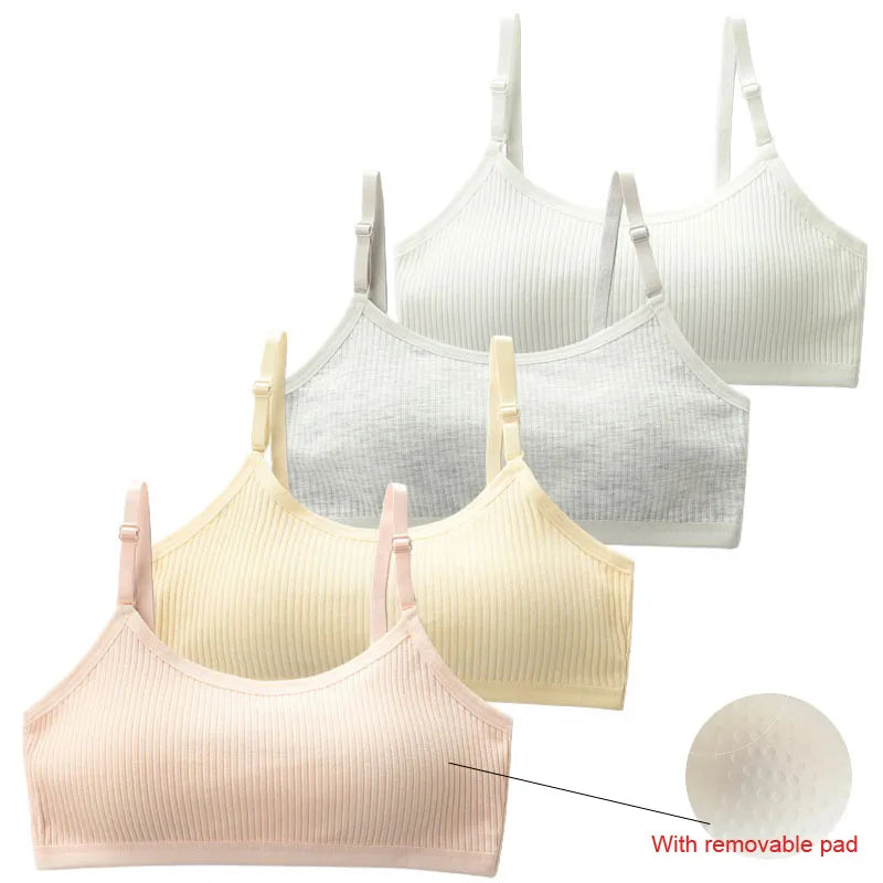 4 Pcs/Lot Children Innerwear Cotton Girls Bra Removable Sponge Cup Puberty Girls Training Bras Breathable Teenage Girl Brassiere