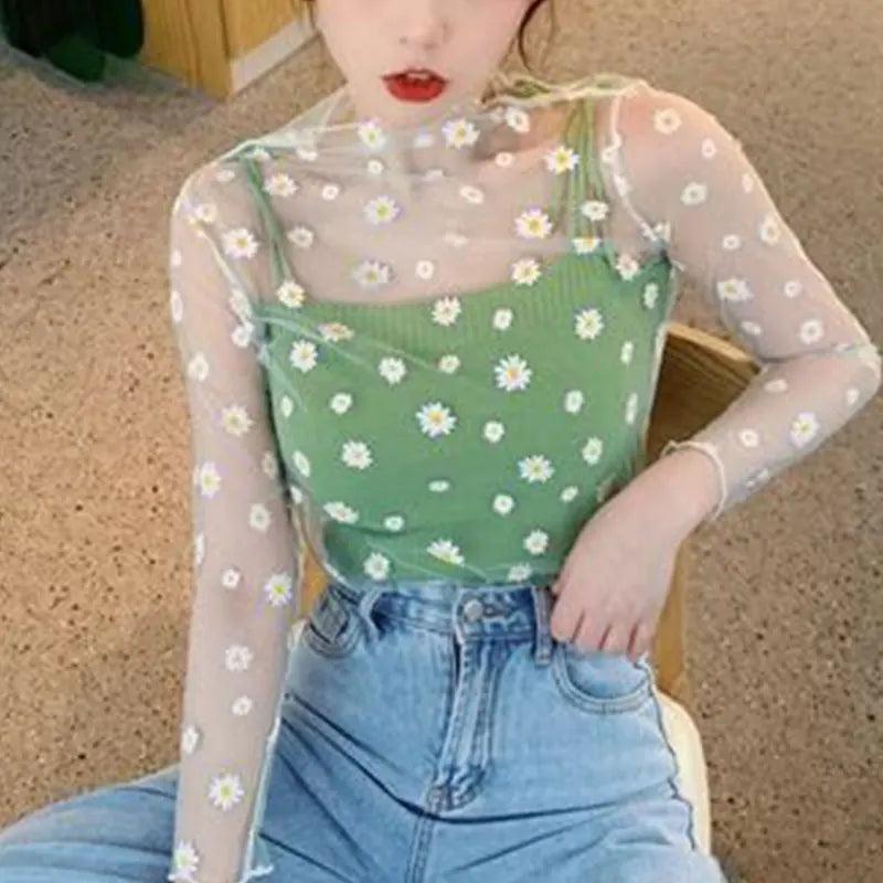 2026  Autumn Hollow Out Mesh T-Shirt Daisy Flower Pattern Crop Top sexy Transparent Long Sleeves Basic Tops For Women Lace Tops