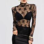 Sexy Women Mesh T-Shirts Transparent Lace Blouse Long Sleeve See Through Tops For Women O Neck Sheer Tees Body Crop Top