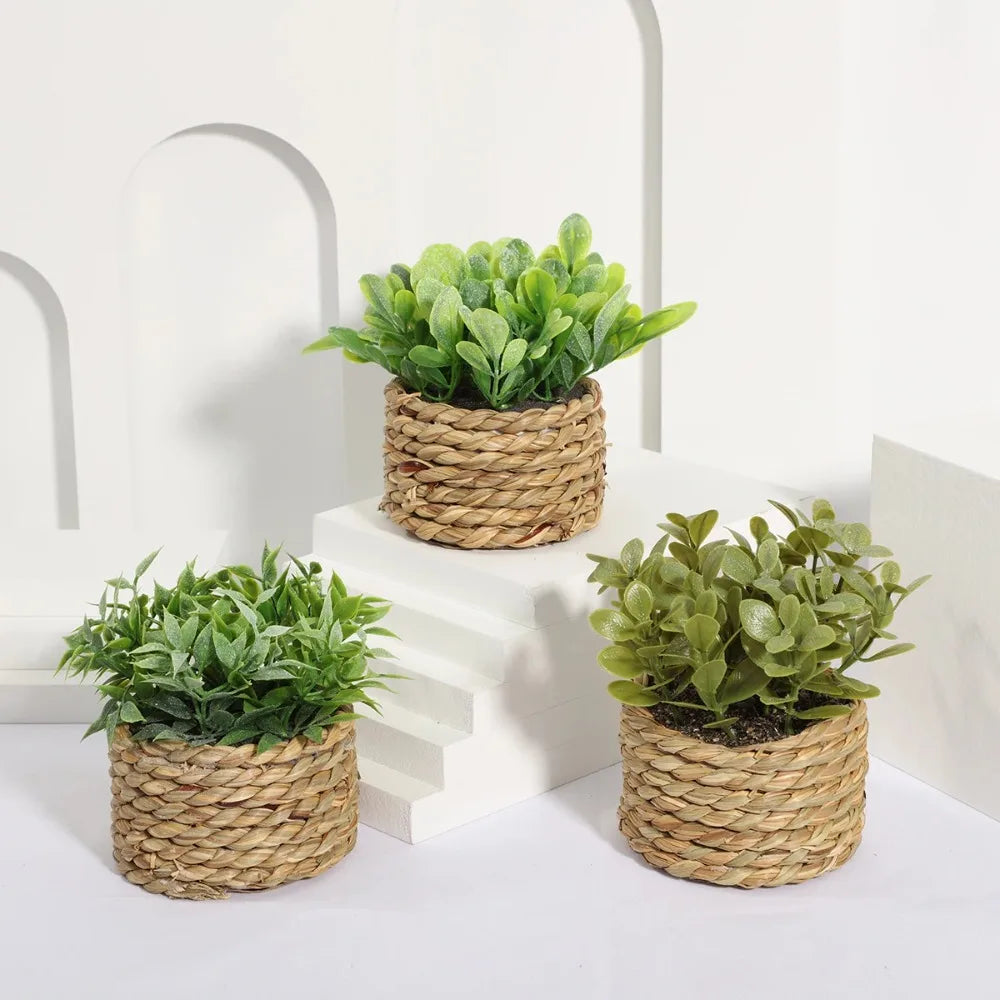 Green Artificial Potted Plant 11cm Woven Artificial Plants Plastic Leaf Eucalyptus Grass Artificial Decorations Home Decor