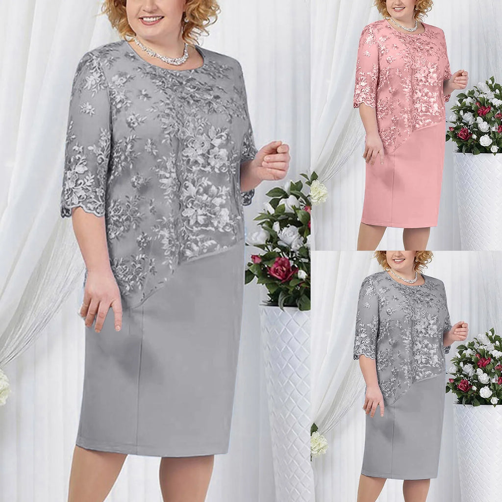 Female Elegant Dresses Women Plus Size Lace Patchwork Halt Sleeve Dress Slimming Wrap Hip Cocktail Evening Party Dresses