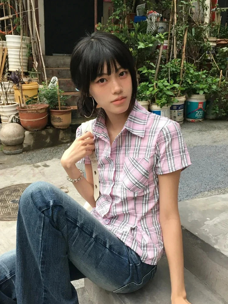 Tonngirls American Retro Plaid Shirt Women Short Sleeve Slim Shirt And Blouse Streetwear Y2k Vintage Tops Japanese 2000s Tshirts