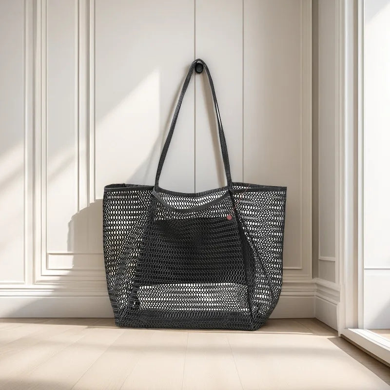 Homefish Large Capacity Woven Polyester Beach Tote Bag For Women Durable Open Top For Travel Shopping Daily Outdoor Use