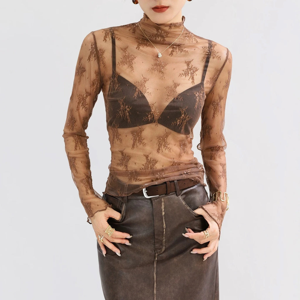 Sexy Women Mesh T-Shirts Transparent Lace Blouse Long Sleeve See Through Tops For Women O Neck Sheer Tees Body Crop Top