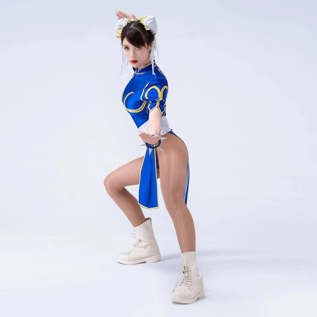 Games Chun Li Cosplay Costumes Sutorito Faita Blue Cheongsam Dress Women Sexy Bodysuit Headwear Suit Halloween Carnival Clothing