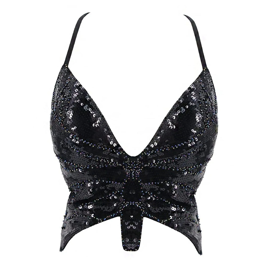 2025 Sparkly Sequin Crop Top Women Clothing Bandage Backless Dance Vest Vintage Party Camisole Tank Tops Clubwear Glitter Outfit