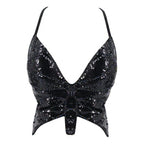 2025 Sparkly Sequin Crop Top Women Clothing Bandage Backless Dance Vest Vintage Party Camisole Tank Tops Clubwear Glitter Outfit
