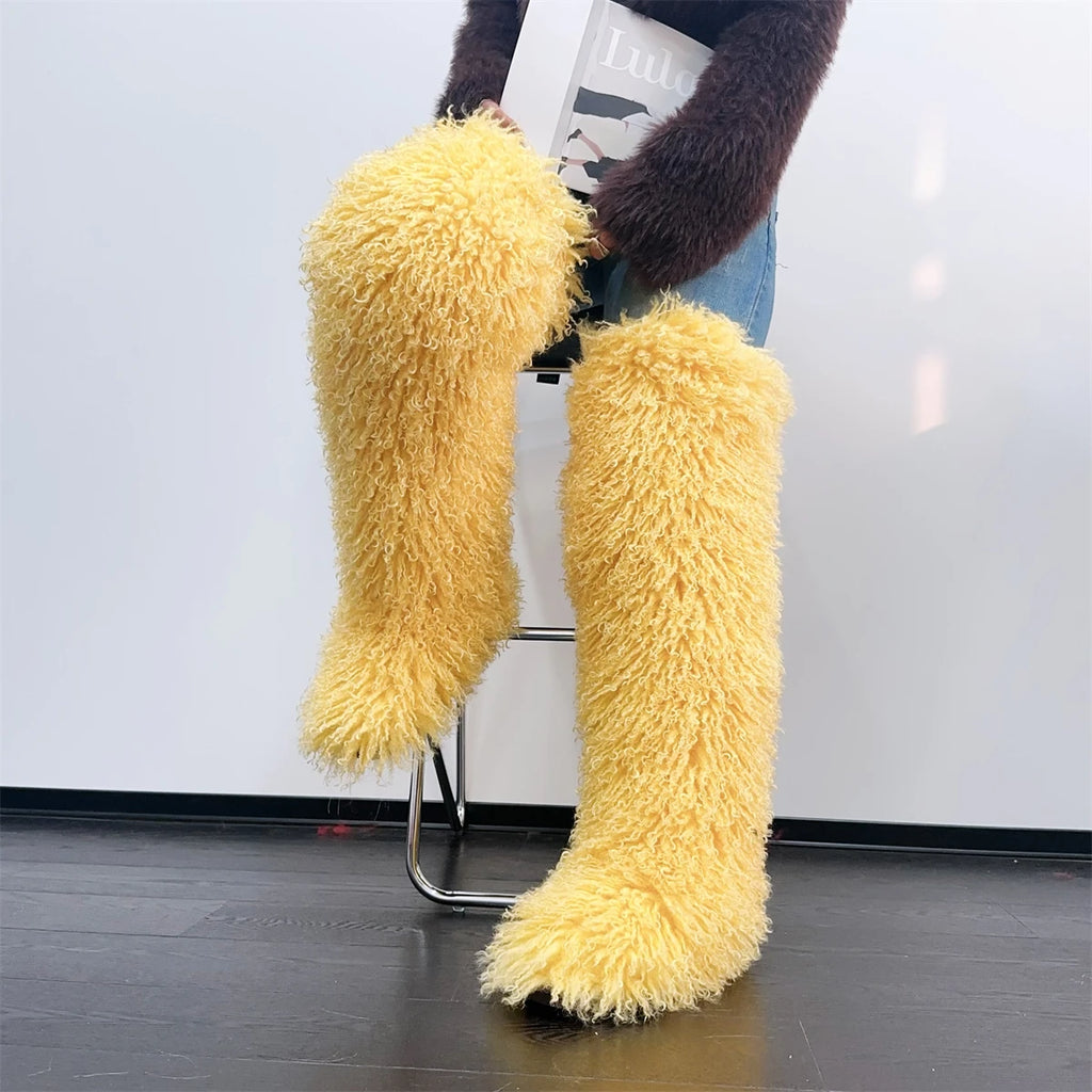 Womens Faux Mongolian Thigh Highs Faux Fur Boots Winter Warm Tall Fur boots